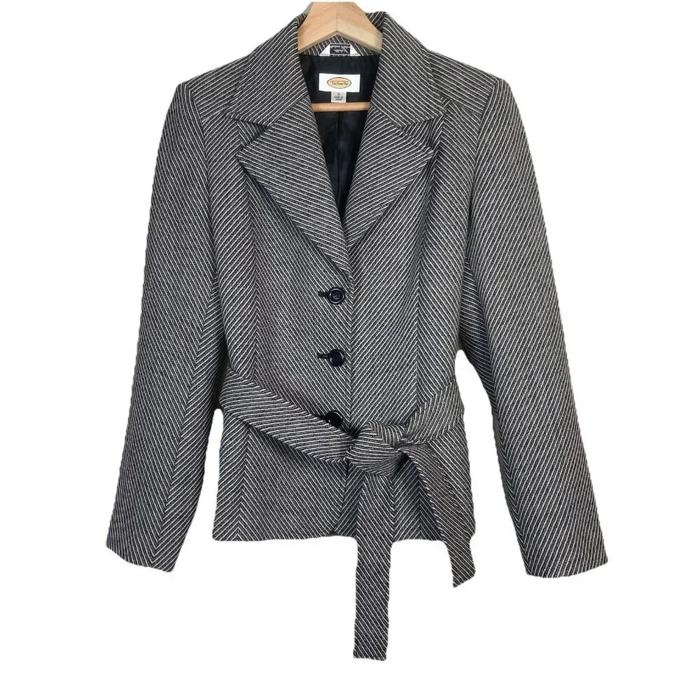 Talbots Blazer Jacket Women's 6 Black & White Striped Tie Waist‎ Notch Lapel